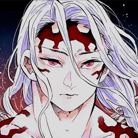 A determined yet serene looking man with red eyes and white flowing hair.
